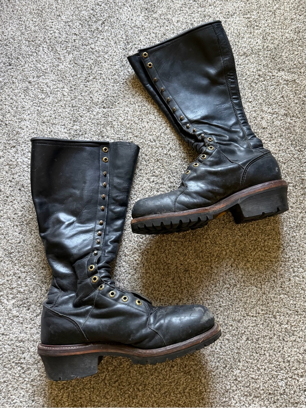 Rare Vintage Men’s Chippewa Black Leather Lace-Up Combat Boots with Steel Toe